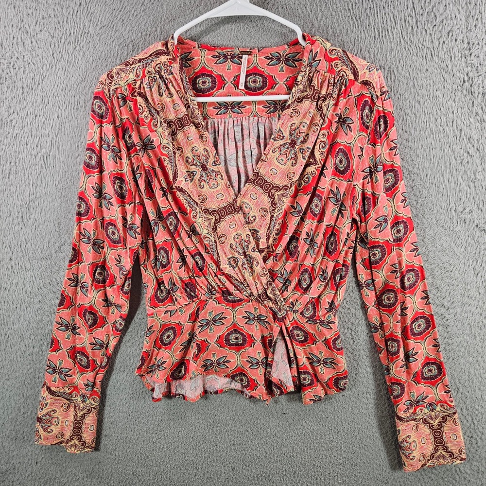 Free People XS Red Pink Floral Boho Surplice Peplum Wrap‎ Top Long Sleeve Blouse